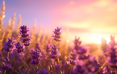 Obraz premium A Serene and Romantic View of Close up Lavender field during golden hour