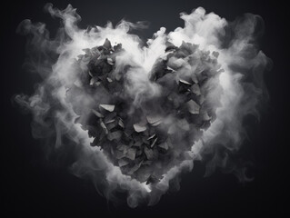 Heart made of paper and smoke on dark background.