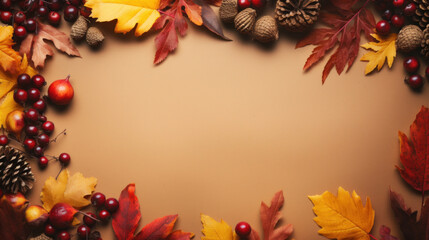 Autumn background with colorful leaves and berries. Top view with copy space.