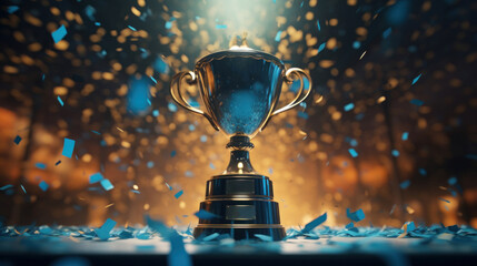 Golden trophy cup on dark background with flying confetti.