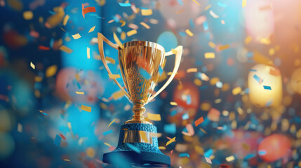 Golden trophy cup with confetti and bokeh background. - obrazy, fototapety, plakaty