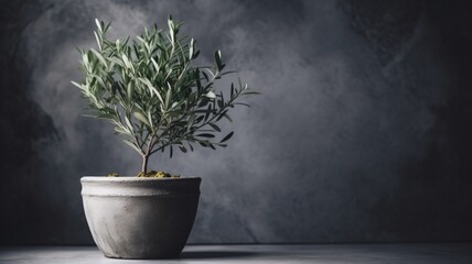 potted olive tree on cement background, mock up image, use for product placement, display and copy space for design. Generative AI