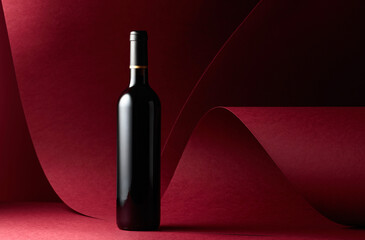 Bottle of red wine on a red background.