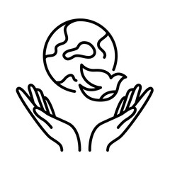 Peace icon in line style. Both open hands present a dove flying freely, and the world as a symbol of peace