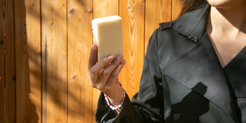 Caucasian young girl eating waffles.