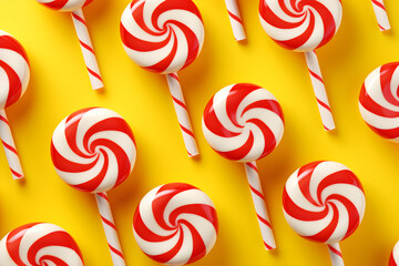 Fototapeta na wymiar Simple red and white striped candy canes pattern on yellow background