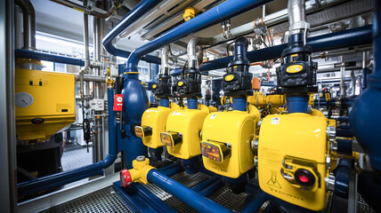 Interior of an industrial boiler, the piping, pumps and motors. Modern industrial gas boiler room equipped for heating.
