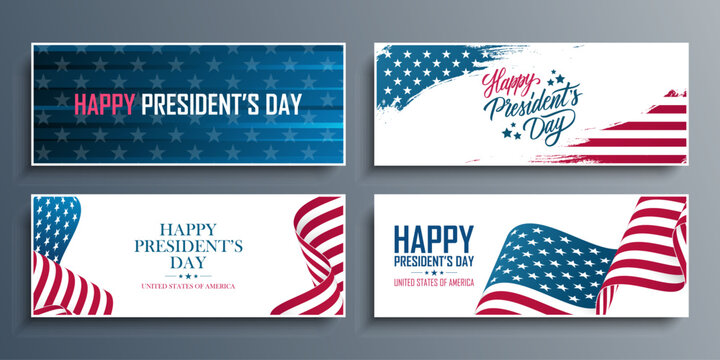 US Presidents Day. United States President's Day celebration set. Horizontal banners with waving American flag, hand lettering and brush strokes. USA national holiday greetings. Vector illustration.