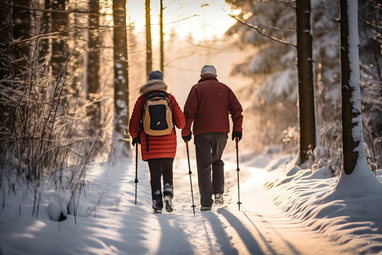 An elder couple crossing a snow-covered forest equipped with backpacks an walking sticks