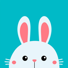 Fototapeta premium White bunny rabbit hare silhouette icon. Peaking face head. Happy Easter. Pink cheeks. Cute kawaii cartoon baby character. Valentines Day. Baby greeting card. Blue background. Flat design.