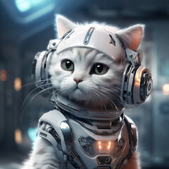 cute real  cat wearing a robot In the white science room .Generative Al IIIustration