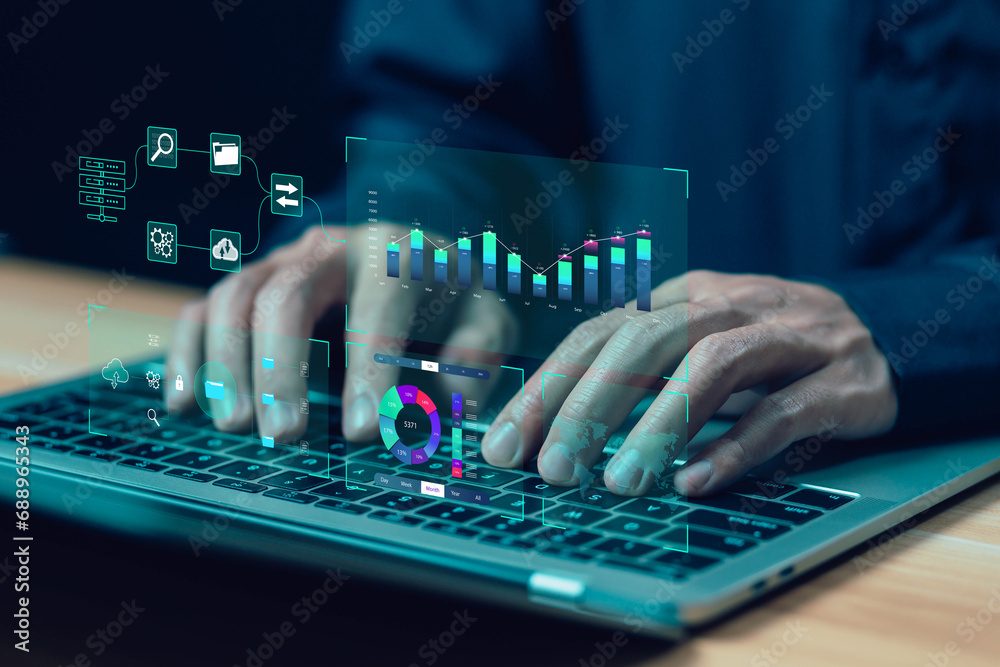 Aufkleber analyst manages the system database and shows a dashboard chart on the computer. concept analysis data plan, analytics business, and report. research on platform digital technology
