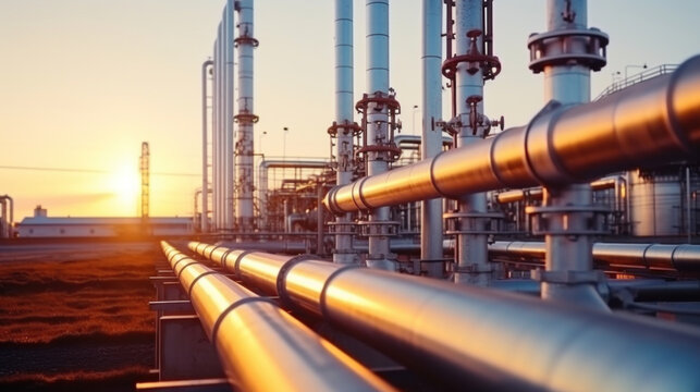 vue perspective de tuyauteries et vannes dans une raffinerie de p&eacute;trole &agrave; l'heure dor&eacute;e