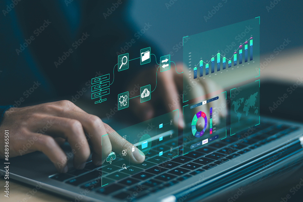 Poster analyst manages the system database and shows a dashboard chart on the computer. concept analysis data plan, analytics business, and report. research on platform digital technology
