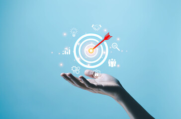 target icon digital business growth. concept of manager vision performance to a business plan and...