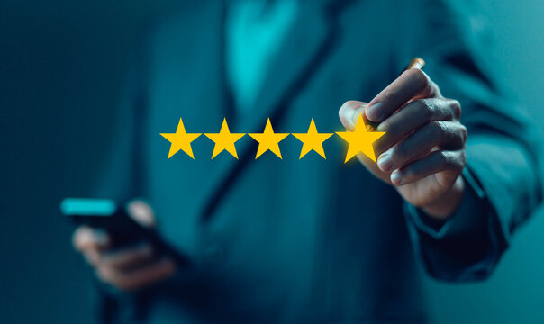 5-star rate review of client, best feedback customer. satisfaction survey concept in service of the user on a website digital online. experience positive with business top quality