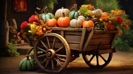 A basket of pumpkins on a wooden cart. Generative ai