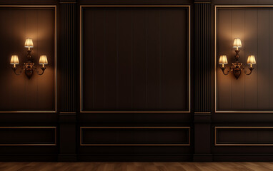 Dark brown wall mock up with copy space in classic style with wall lamps and brown parquet