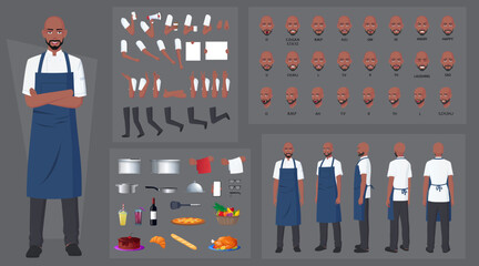Chef, Cook Character Creation Set, Black Man Wearing Blue Apron, with Kitchen Utensils, for Mouth Animation, Lip Sync and Character Posing Vector Illustration