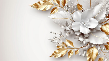 white background with golden and white flower. Luxurious golden leaves wallpaper 