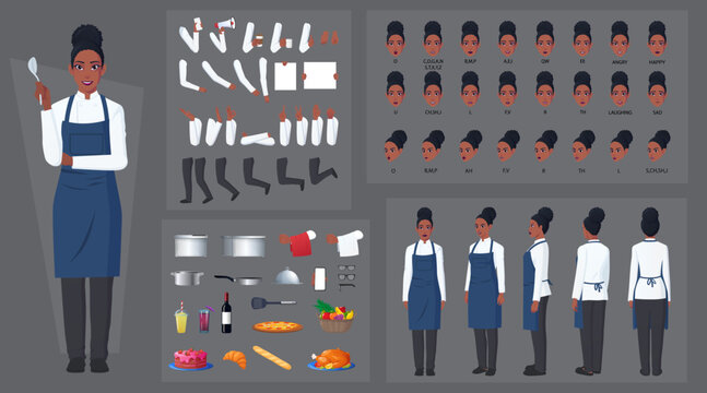 Chef Black Woman, Cook Character Construction and Animation Pack, Black Woman Wearing chef cloths and Hat, with blue Apron, Kitchen equipment, Food, Mouth Animation and Lip Sync Vector Illustration