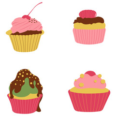 Set of Different Cupcake Dessert. With Cream, Chocolate and Cherry. Vector Illustration. 