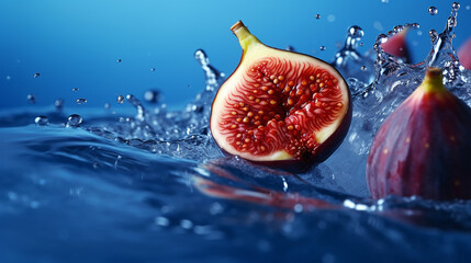 Fig dropped on the blue surface with fig slice and water splash. 