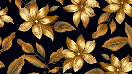 Gold flowers pattern. seamless pattern with golden color in black background. 