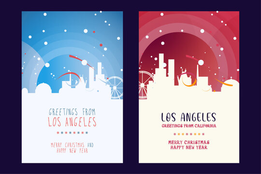 Los Angeles city poster with Christmas skyline, cityscape, landmarks. Winter USA holiday, New Year vertical vector layout for California state brochure, website, flyer, leaflet, card