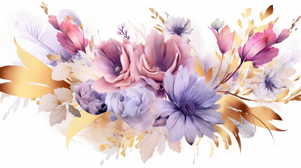 Luxurious golden wallpaper. Banner with flowers watercolor 