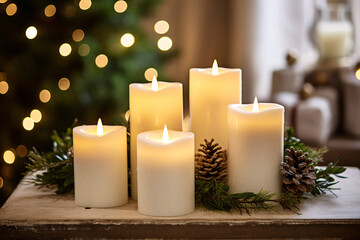 Fototapeta na wymiar Illuminate the festive home decoration concept with a close-up perspective. Feature a composition of white candles, evergreen branches, and Nordic-inspired decor on a wooden table. 