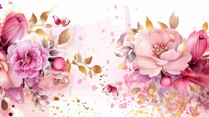 Luxurious golden wallpaper. Banner with roses watercolor . Generative AI