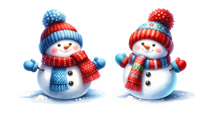 Two snowmen in colorful winter clothes. Generative ai.