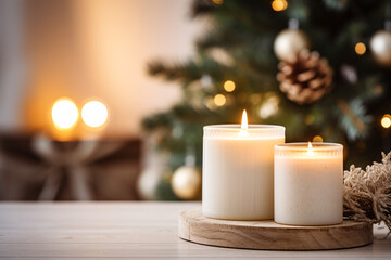 Fototapeta na wymiar Illuminate the festive home decoration concept with a close-up perspective. Feature a composition of white candles, evergreen branches, and Nordic-inspired decor on a wooden table. 