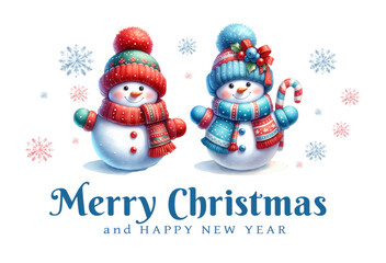 Merry Christmas and Happy New Year greeting card with cute snowman. Generative ai.