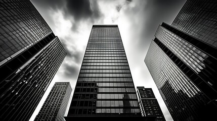 A black and white image of office buildings rising majestically against a cloudy sky, emphasizing their monumental presence