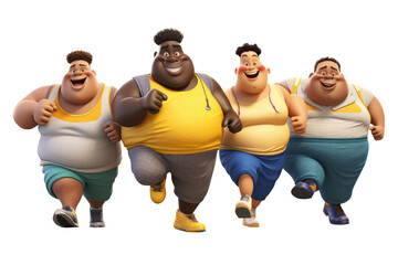 Obraz premium 3D cartoon character happy group of fat people running together have fun, Exercise to lose weight for health idea concept, Full body isolated on white and transparent background
