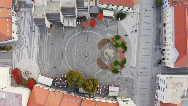Trinity Square (Trojičn&eacute; N&aacute;mestie) in Trnava, Slovakia - Aerial Top Shot View.