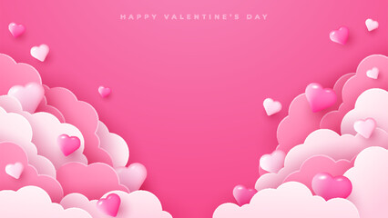 Happy Valentine's Day. Pink clouds with beautiful pink hearts frame on pink background. Vector illustration in paper cut style. Place for text. - obrazy, fototapety, plakaty
