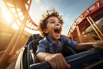 Happy boy having fun on roller coaster in amusement park, Hyperrealistic - obrazy, fototapety, plakaty