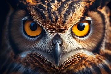 Foto op Aluminium Close-up of a beautiful owl's face and eyes, Bird of prey, Beautiful animal in nature, Hyperrealistic © rabbizz77