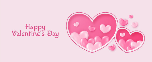 Festive Card for Happy Valentine's Day. Background with Realistic Hearts, confetti. Vector Illustration