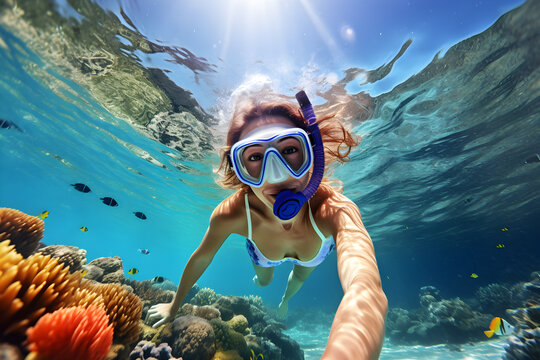 Landscape underwater view of Woman wearing snorkel mask, Female diver swimming with beautiful coral reefs and various fish, Beautiful nature, Hyperrealistic
