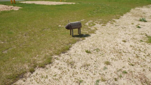A wooden pig statue sits in a field in Żnin Arche Hotel inside old sugar factory in Poland