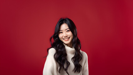 Fototapeta premium Beautiful young woman smiling isolated on studio background. Copyspace area