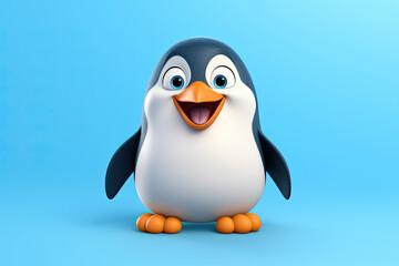 3d cute little penguin cartoon character in a blue background