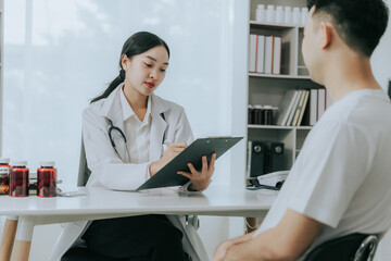 A doctor is counseling a young male patient about prostate cancer and venereal disease, including male sexual dysfunction. Prostate cancer concept