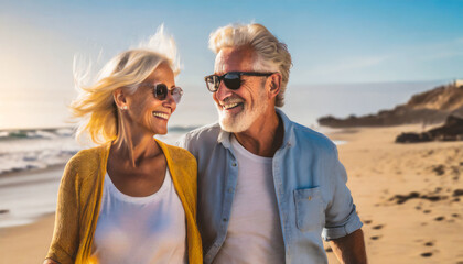 Loving senior couple walking on the beach, displaying joy, embodying a healthy, retired lifestyle