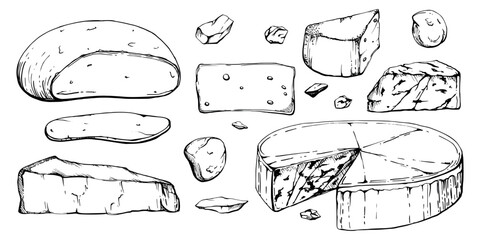 Hand drawn vector ink illustration. Assortment of cheese mozzarella parmesan edam emmental gruyere gorgonzola. Set of objects isolated on white. Restaurant menu, cafe, food shop package, flyer print.