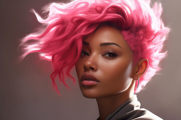 Beautiful black young woman with short pink lush hairstyle